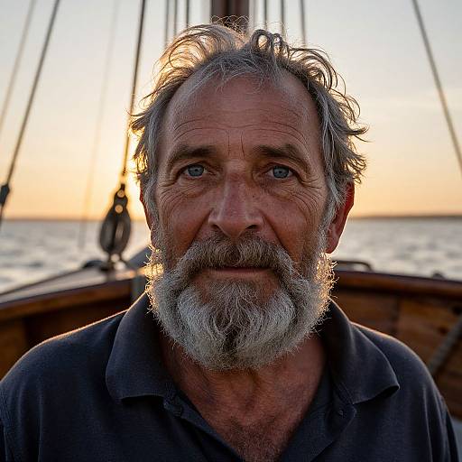 Photograph of an older man with gray hair and beard, blue eyes, wearing a dark shirt, sitting on a boat at sunset.