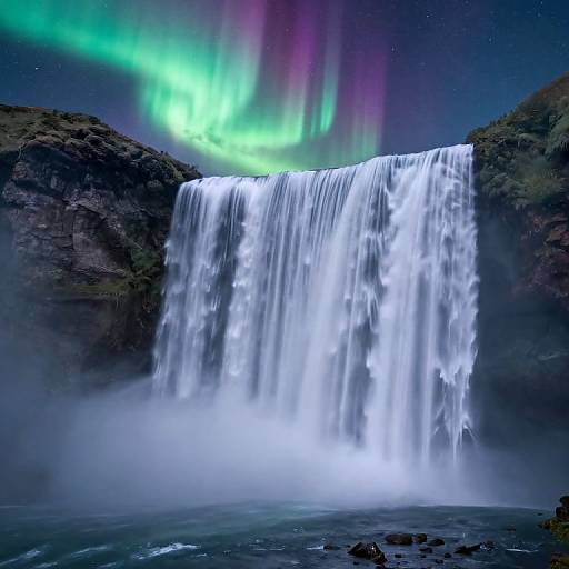 Photograph of a towering waterfall illuminated by green and purple northern lights, surrounded by dark rocky cliffs under a starry night sky.