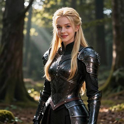 Young Woman in Black Armor in Forest