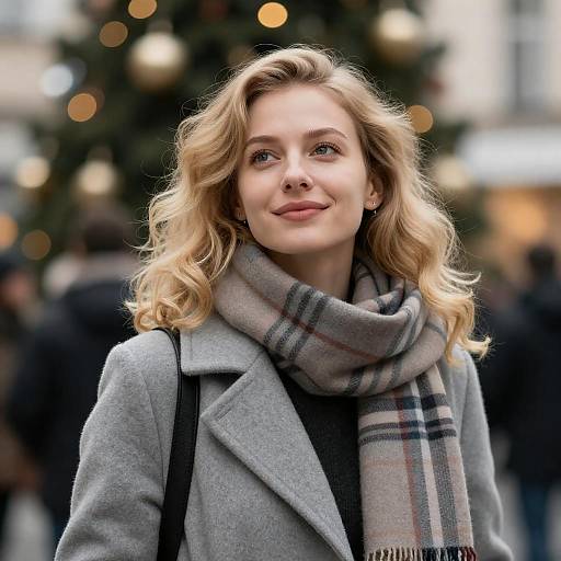 Blonde Woman in Gray Coat with Plaid Scarf
