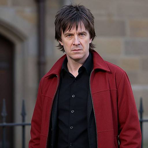 Photograph of a serious-looking man with dark, messy hair, wearing a black shirt and red jacket, standing in front of a stone building.