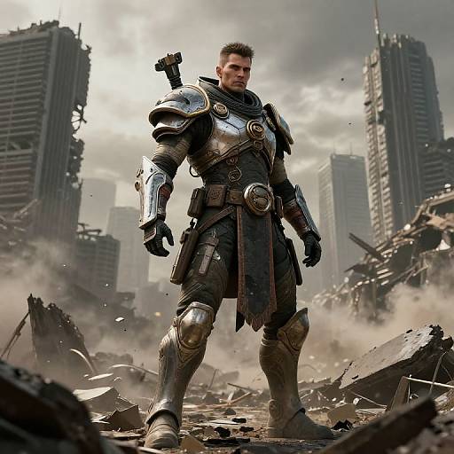 Photorealistic CGI of a muscular man in futuristic, silver armored suit standing in a ruined, smoke-filled cityscape with tall, damaged skyscrapers