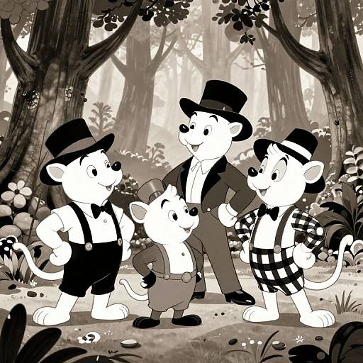 Black-and-white cartoon illustration of five anthropomorphic mice in forest, wearing hats, suspenders, and plaid shirts, standing in a group.