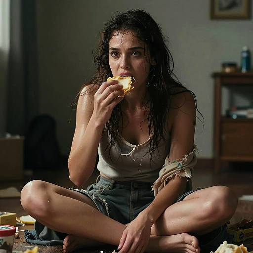 Photograph of a young woman with wet, messy dark hair, wearing a white tank top and denim shorts, sitting cross-legged on a floor, eating