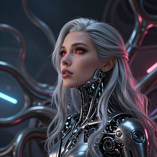 Digital CGI of a silver-haired woman with glowing red eyes, wearing a shiny, black cybernetic armor, against a futuristic, metallic background.