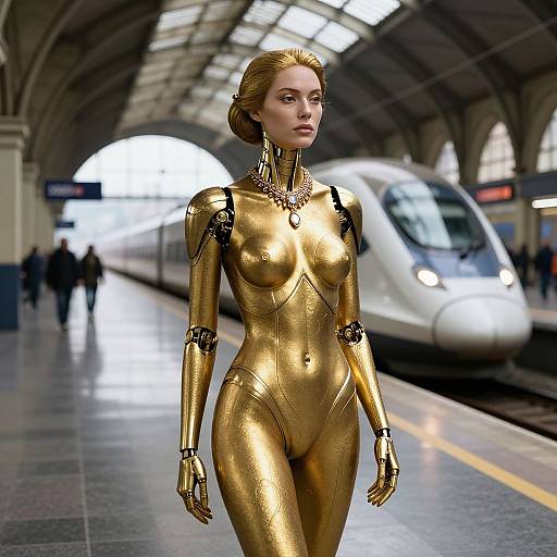 Photorealistic CGI of a golden, humanoid robot woman with metallic joints, standing on a modern train station platform, with a white high-speed train in
