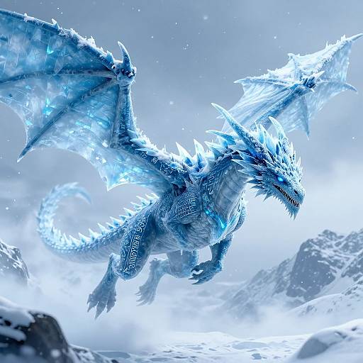 Digital art of a glowing blue, ice-covered dragon soaring through a snowy, mountainous landscape with jagged wings and fierce expression.