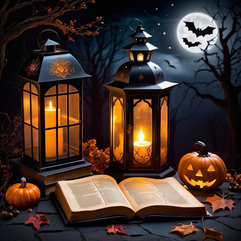 Eerie Halloween Lantern and Spellbook Scene