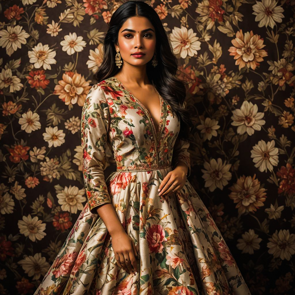 Elegant South Asian Woman in Floral Gown