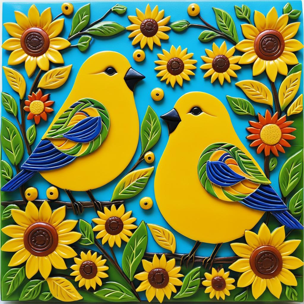 Joyful Canaries Among Sunflowers in Folk Art