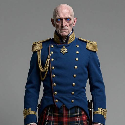 CGI image of an elderly bald man with blue eyes, wearing a blue military uniform with gold epaulettes and a red plaid kilt