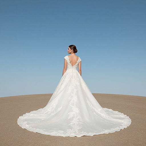 Photograph of a bride with dark hair in an elegant white lace wedding dress with a long train, standing alone on a barren, sandy hill against a