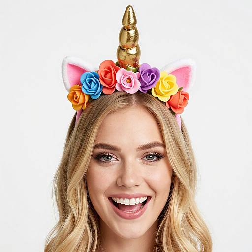 Photograph of a smiling blonde woman with wavy hair, wearing a colorful floral crown with a golden unicorn horn, against a white background.