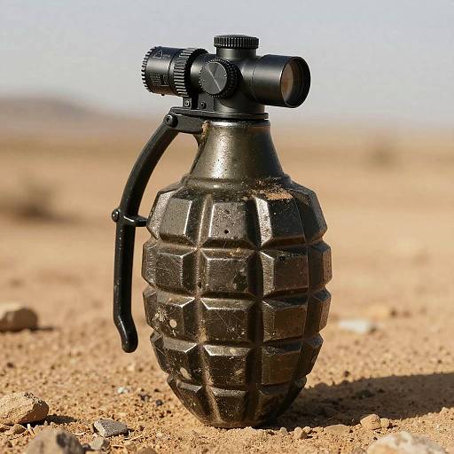 Photograph of a black, hexagonal, grenade-shaped object with a camera attachment, standing on sandy desert ground under bright sunlight.