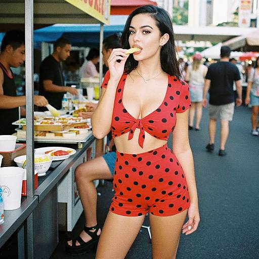 Photograph of a slender Latina woman with long black hair, wearing a red polka dot crop top and high-waisted shorts, eating a food