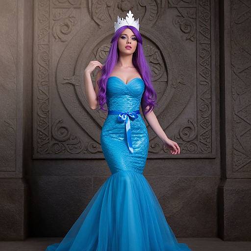 Photograph of a fair-skinned woman with long purple hair, wearing a blue mermaid-style gown and white crown, standing in front of an orn