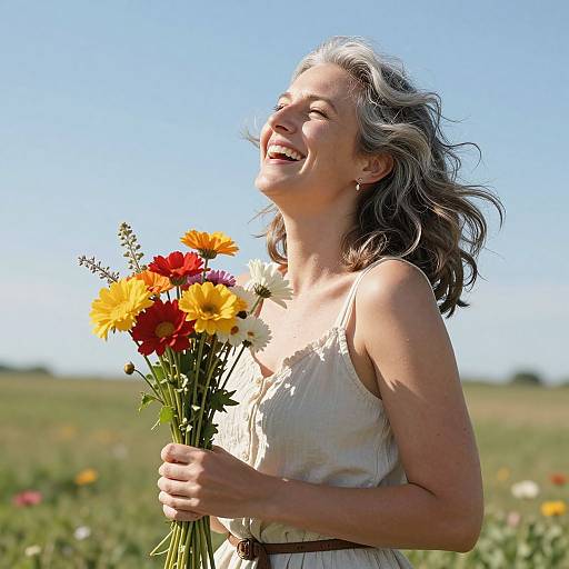 Photograph of a smiling woman with gray hair, holding a bouquet of colorful flowers, wearing a white sleeveless top, in a sunny meadow.
