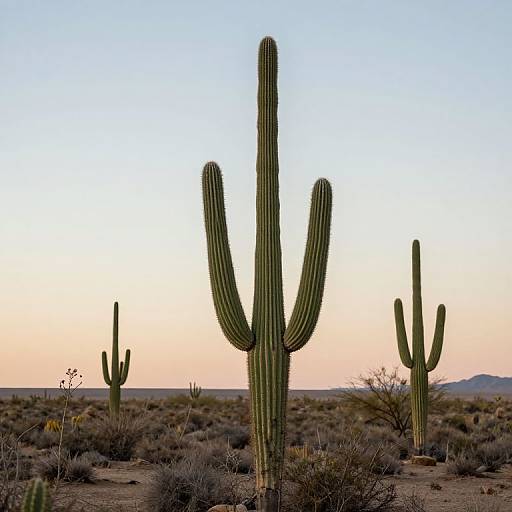 Photograph of three tall, green saguaro cacti in a desert landscape at sunset, with a gradient sky from blue to orange and sparse