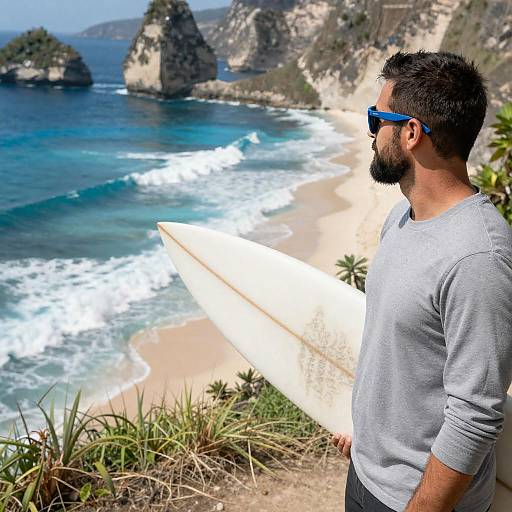 Man with Surfboard Overlooking Ocean Cliff