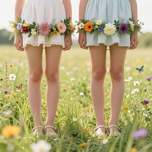 Photograph of two girls standing side by side in a sunny meadow, wearing white dresses adorned with colorful flower wreaths, lace hems, and