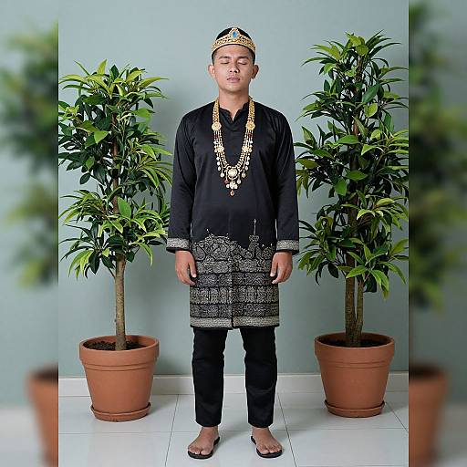 Photograph of a young Southeast Asian man in traditional black Baju Melayu with intricate silver embroidery, gold necklaces, and a patterned head