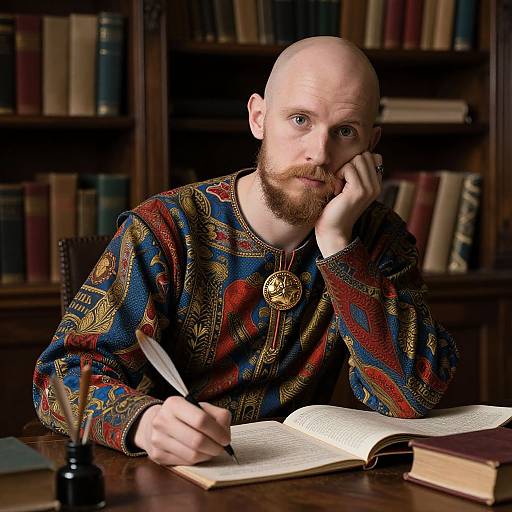 Thoughtful Medieval Scribe in Study