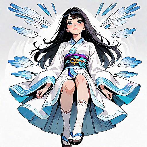 Multicolored Long-Haired Anime Kimono Girl