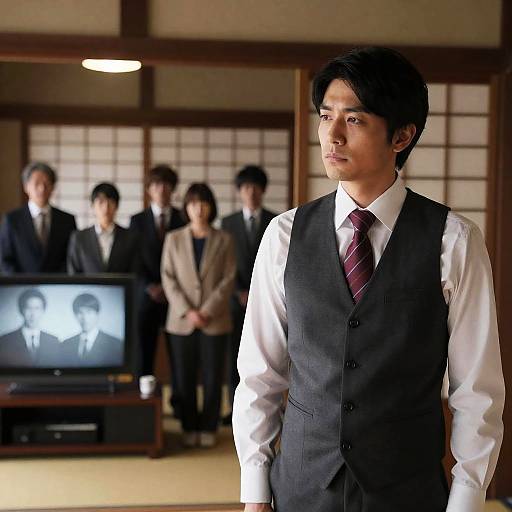 Contemplative Man Among Traditional Screens