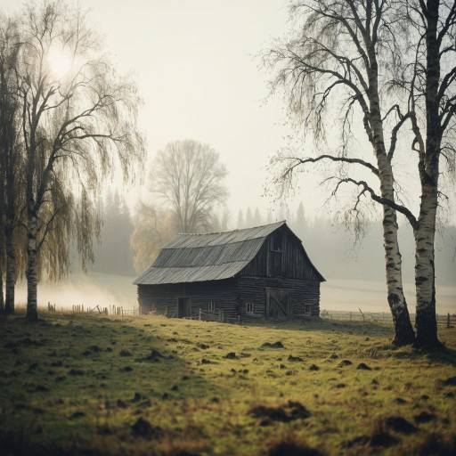 Rustic Barn Amidst Misty Valley Landscapes Rustic Barn Amidst Misty Valley Landscapes