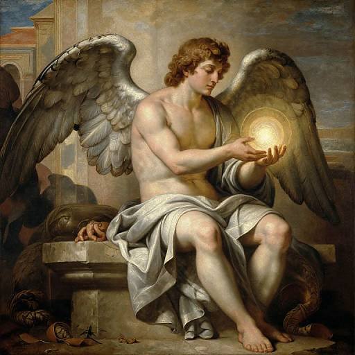 Baroque-style painting of a muscular, winged male angel with curly brown hair, holding a glowing orb, draped in a white cloth, seated on
