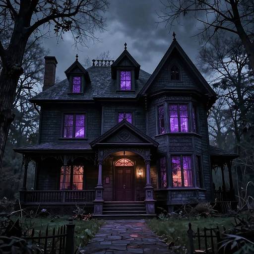 Photograph of a spooky, dark Victorian house at night, illuminated by eerie purple and orange lights, surrounded by shadowy trees.