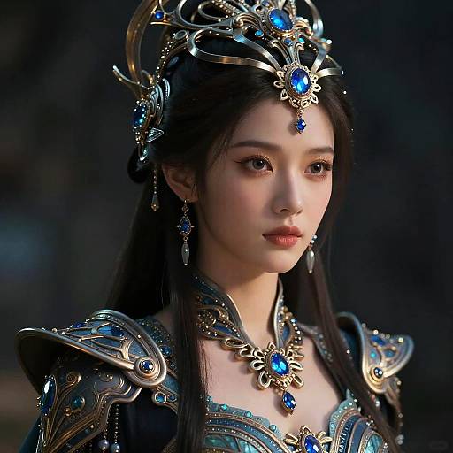 Digital artwork of an East Asian woman with long black hair, wearing ornate blue and silver medieval-style armor, adorned with jewels and intricate headpiece,