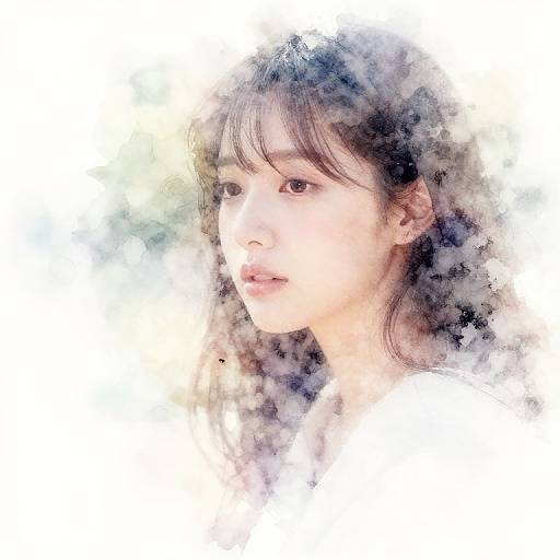 Watercolor-style portrait of an Asian woman with soft, wavy black hair, delicate features, and pale skin, looking contemplatively to the side.