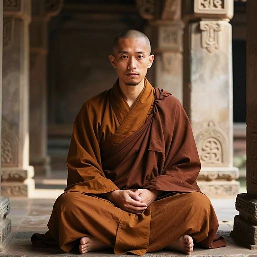 Photograph of a young Asian male Buddhist monk with shaved head, wearing brown robes, seated cross-legged in a sunlit temple with ornate stone pillars