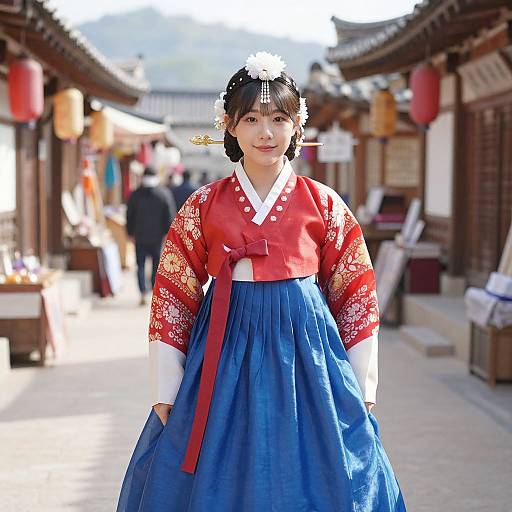 Photograph of a Korean woman in traditional hanbok with red and blue colors, floral hairpins, standing in a sunny, historic street.