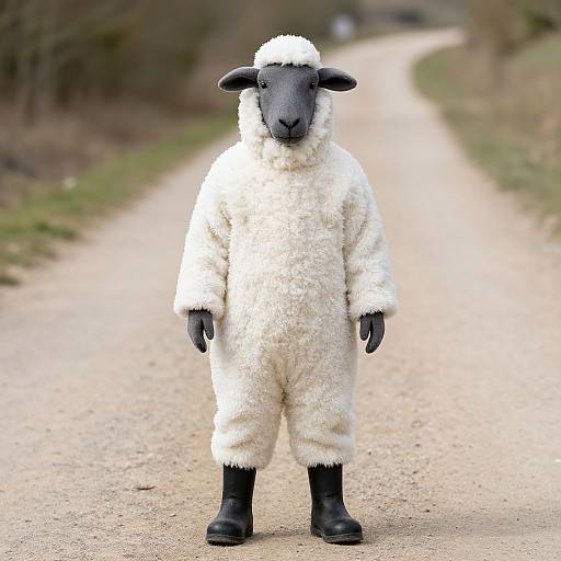 Photograph of a person standing on a country road, dressed in a full sheep costume with black face, hands, and boots.