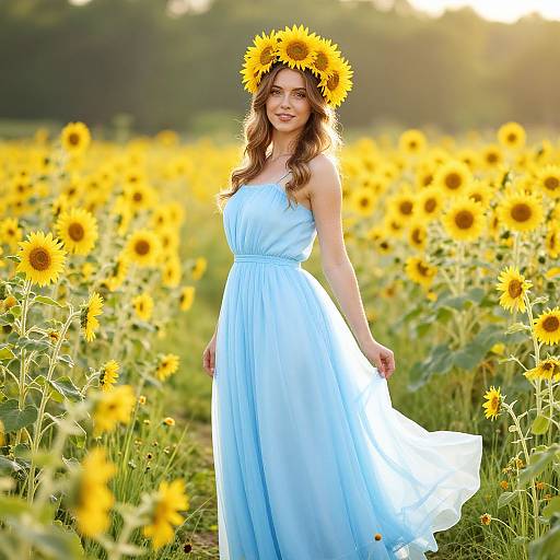 Photograph of a smiling woman with wavy brown hair, wearing a light blue sundress and a sunflower crown, standing in a sunflower field