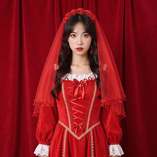Photograph of an East Asian woman in a red Gothic Lolita dress with lace, corset, and veil, against a red curtain.