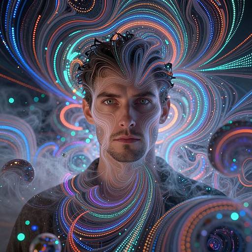 Photographic digital art of a serious man with wavy, neon-colored light patterns swirling around his head and shoulders, set against a dark, mystical background