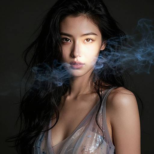 Photograph of an Asian woman with long black hair, wearing a translucent, silver-embellished top, illuminated by light, with blue smoke swirling