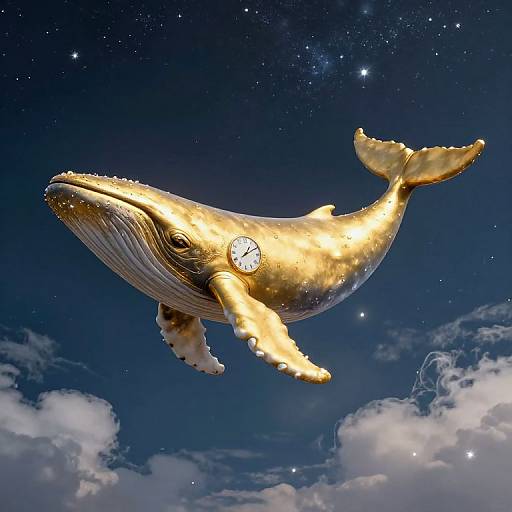 Photograph of a golden, clock-adorned whale with outstretched fins, floating in a starry night sky above fluffy clouds.