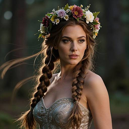 Photograph of a fair-skinned woman with long braided brown hair, wearing a flower crown and an ornate silver strapless dress, standing in