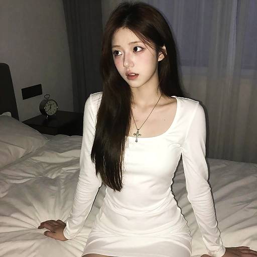 Anxious Woman in Dimly Lit Bedroom