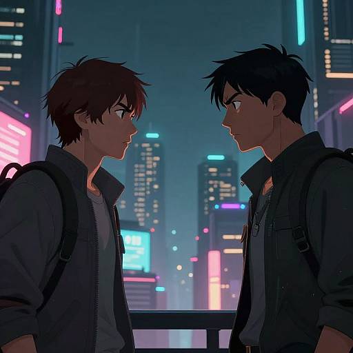 Digital anime-style artwork of two young men with spiky hair, facing each other in a neon-lit, futuristic cityscape at night.