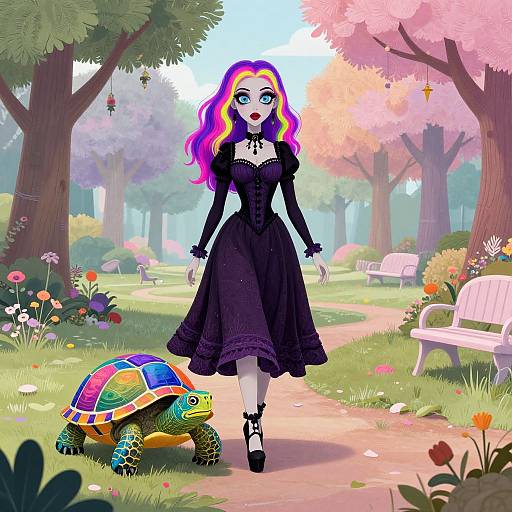 Digital drawing of a gothic woman with vibrant pink and purple hair, in a black dress, walking a colorful turtle in a sunny, floral park.