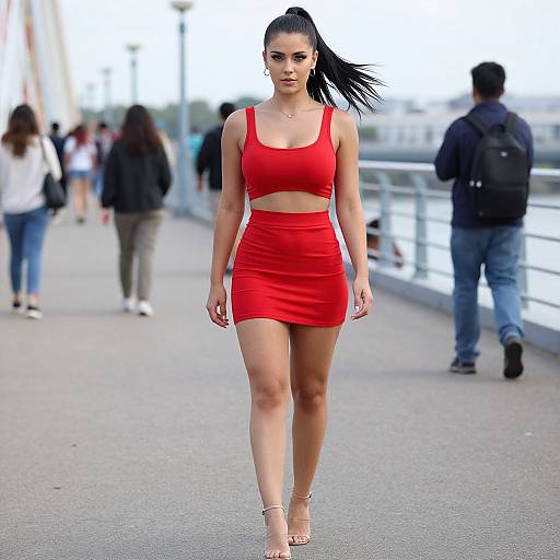 Photograph of a confident woman with dark hair in a high ponytail, wearing a red crop top and high-waisted mini skirt, walking on