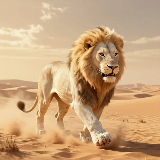 Photorealistic CGI of a majestic male lion with a golden mane walking through a sunlit, sandy savanna, casting a shadow on the ground.