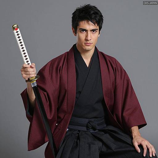 Young Man in Kimono Holding Katana