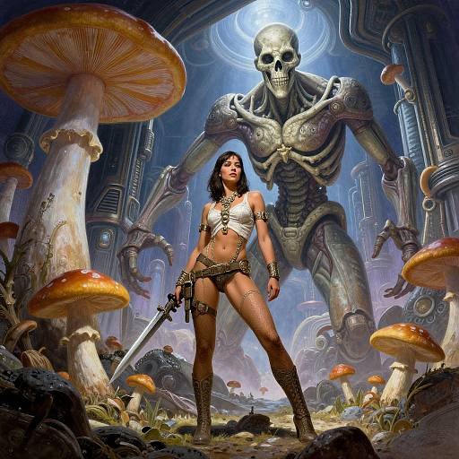 Digital fantasy artwork: muscular woman with dark skin, black hair, white tribal top, leather skirt, boots, sword, facing giant skeletal creature in futuristic