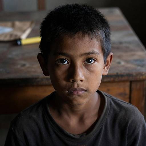 Young Boy by Wooden Table, Dimly Lit